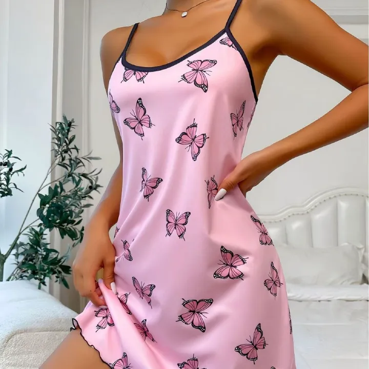 New Arrival Women's Sexy European Style Sling Dress | Heart/Butterfly Print Silky Loungewear Nightgown | Comfortable Sleepwear Dress