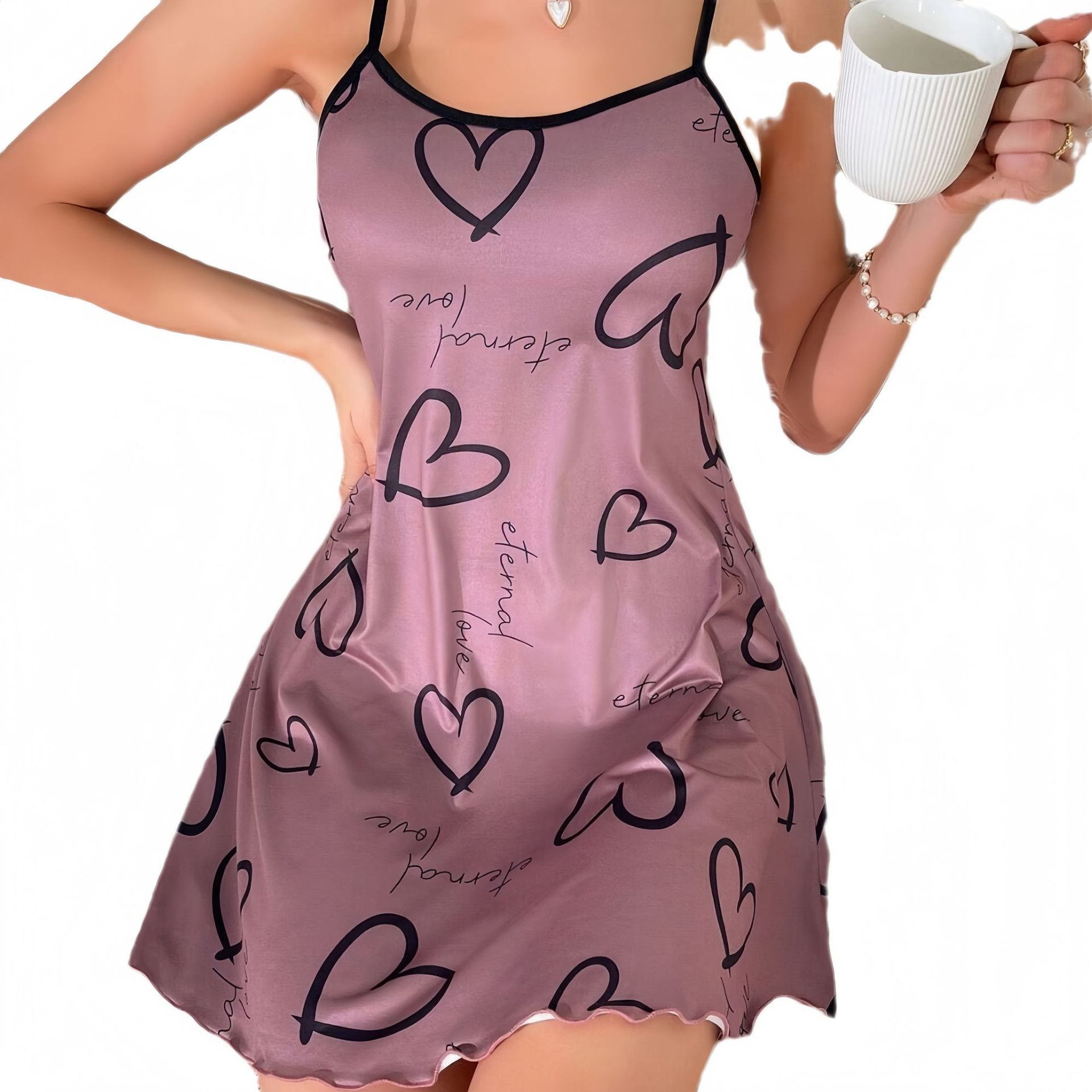 New Arrival Women's Sexy European Style Sling Dress | Heart/Butterfly Print Silky Loungewear Nightgown | Comfortable Sleepwear Dress