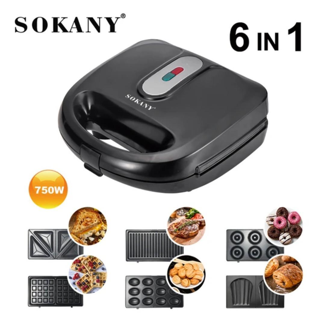 Sokany 6 in 1 Sandwich Maker SK-908 DIY Breakfast Sandwich Maker grill, donuts, waffles 750W with Removable Plates Non-Stick