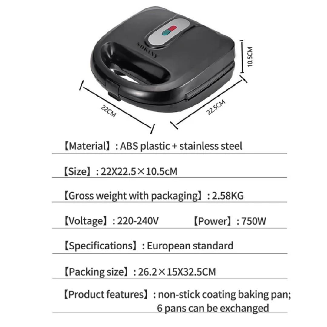 Sokany 6 in 1 Sandwich Maker SK-908 DIY Breakfast Sandwich Maker grill, donuts, waffles 750W with Removable Plates Non-Stick