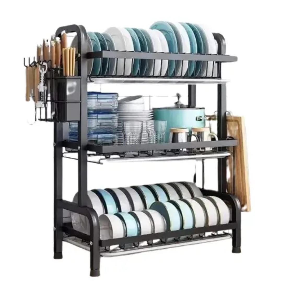 Advanced 3 tier dish rack with tray utensil holder, large capacity dish drainer with cutting board holder drain board tray for kitchen counter organizer storage (black)