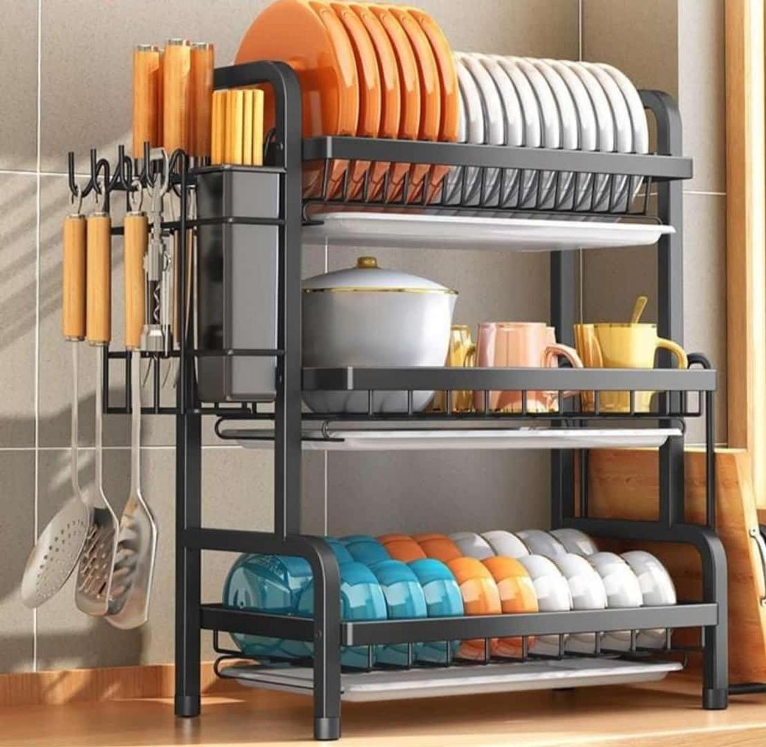 Advanced 3 tier dish rack with tray utensil holder, large capacity dish drainer with cutting board holder drain board tray for kitchen counter organizer storage (black)