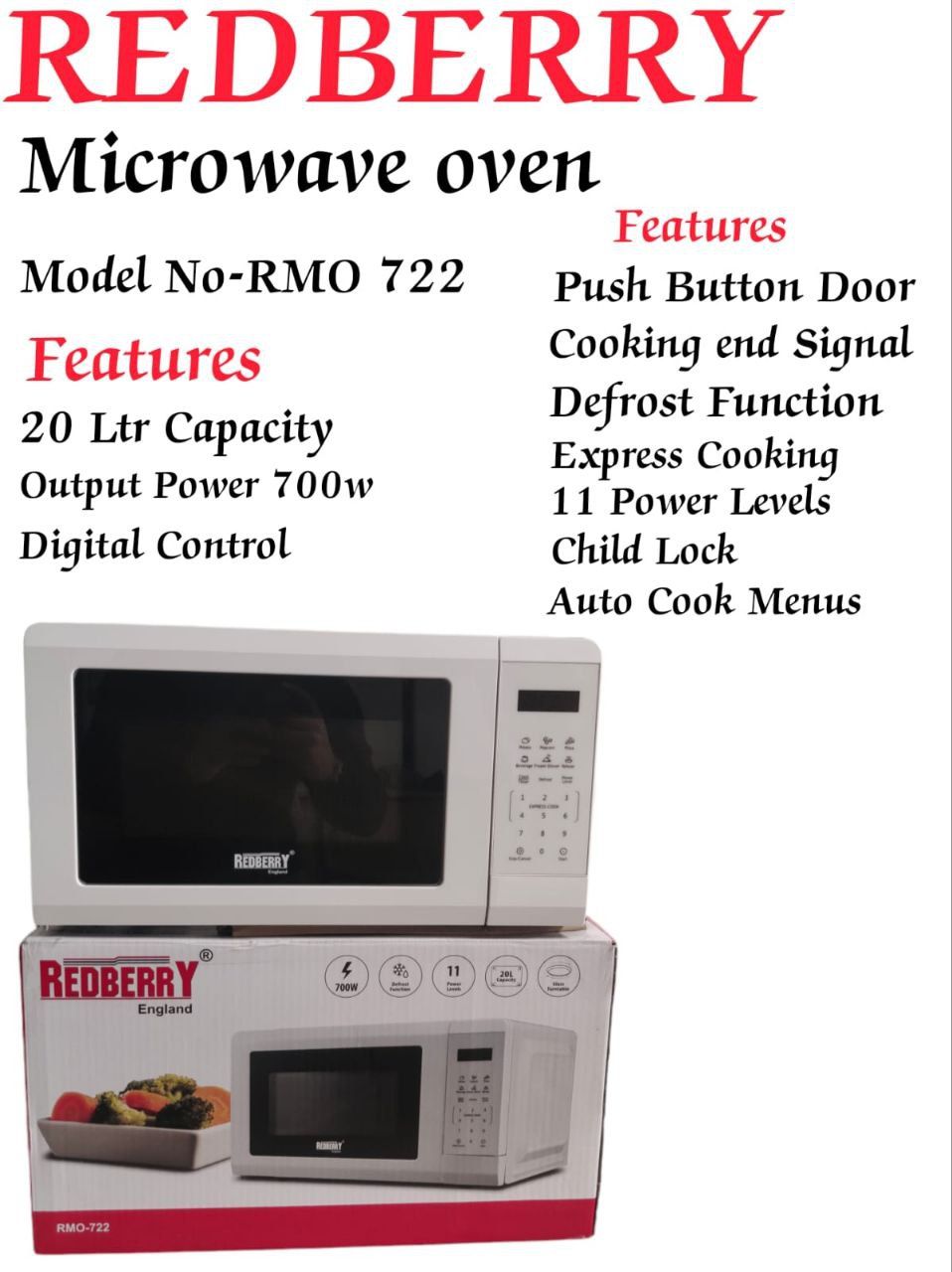Redberry 20L Digital control  microwave oven with auto cook menus defrost function express cooking eleven power levels and child lock 700W Power Output