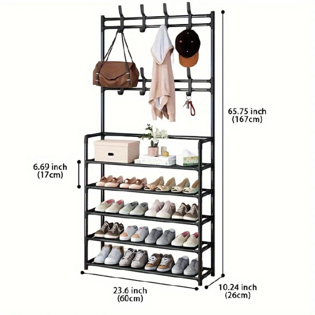 Stainless steel metallic Multifunctional 4 Tier Shoe Rack Organizer + Simple Floor Coat Hat Rack with 8 hooks Woven shelves