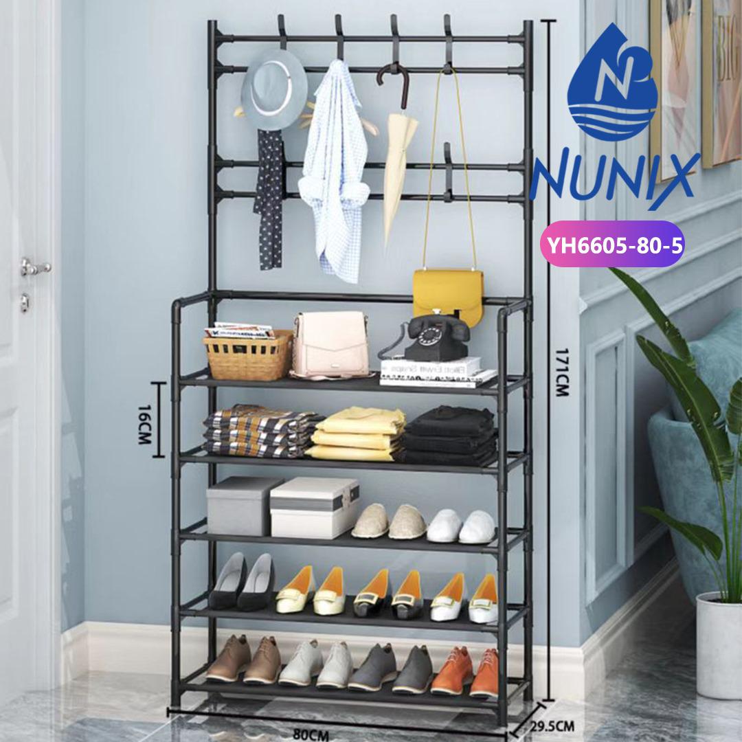 Stainless steel metallic Multifunctional 4 Tier Shoe Rack Organizer + Simple Floor Coat Hat Rack with 8 hooks Woven shelves