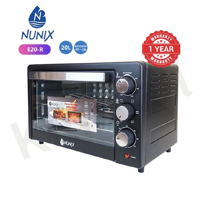 Nunix 20L Electric Oven E20-R 20 Litres+ Free Rotisserie Stick Black 1280W Black with glass door 12 Months warranty