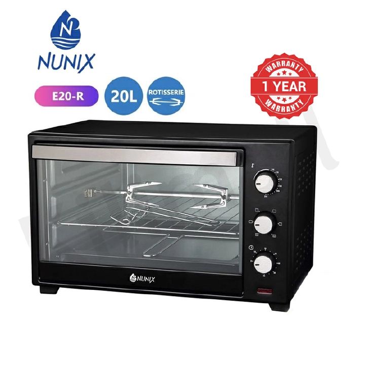 Nunix 20L Electric Oven E20-R 20 Litres+ Free Rotisserie Stick Black 1280W Black with glass door 12 Months warranty