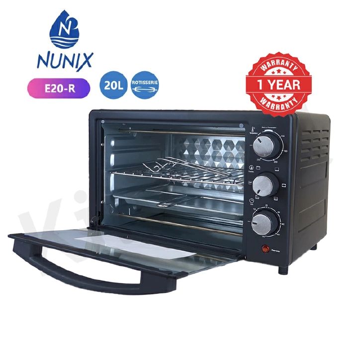 Nunix 20L Electric Oven E20-R 20 Litres+ Free Rotisserie Stick Black 1280W Black with glass door 12 Months warranty