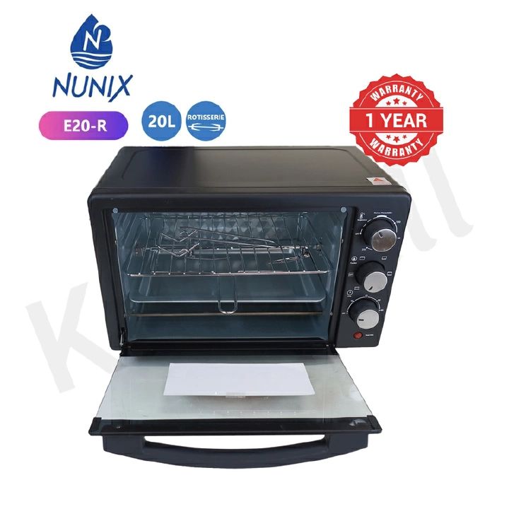 Nunix 20L Electric Oven E20-R 20 Litres+ Free Rotisserie Stick Black 1280W Black with glass door 12 Months warranty