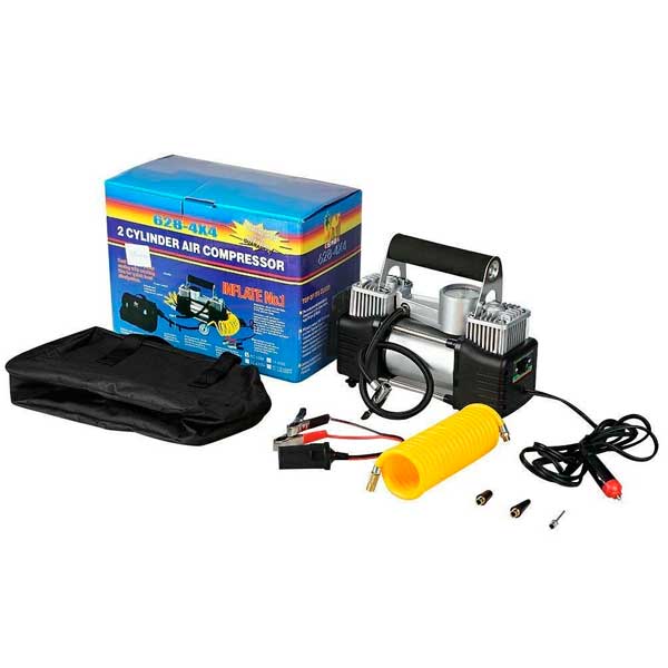 2 Cylinder Tyre Inflator Air Compressor black Multi-purpose, applicable for vehicle tires, bike tires, motorcycle tires and balls Highly effective can inflates a tire in 3 minutes Support alar