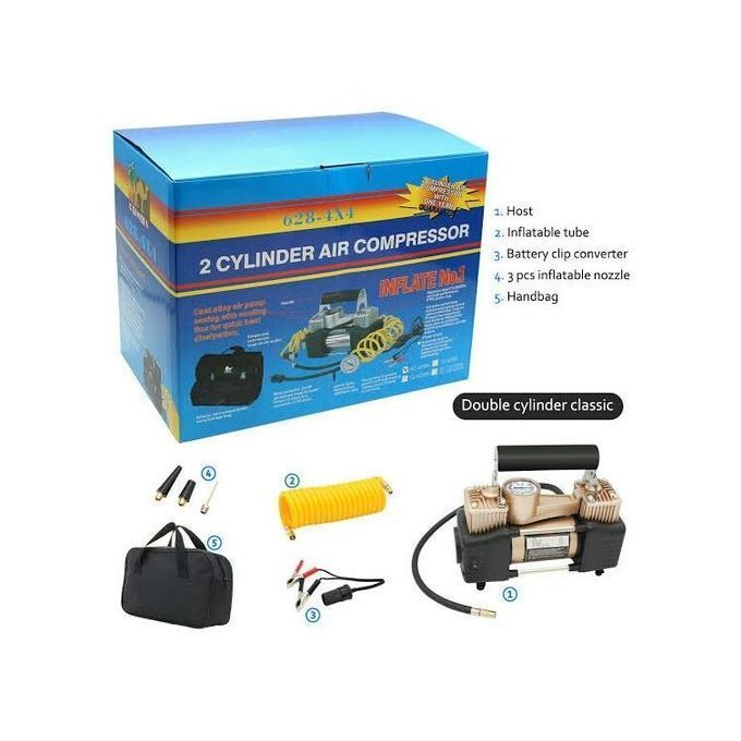 2 Cylinder Tyre Inflator Air Compressor black Multi-purpose, applicable for vehicle tires, bike tires, motorcycle tires and balls Highly effective can inflates a tire in 3 minutes Support alar