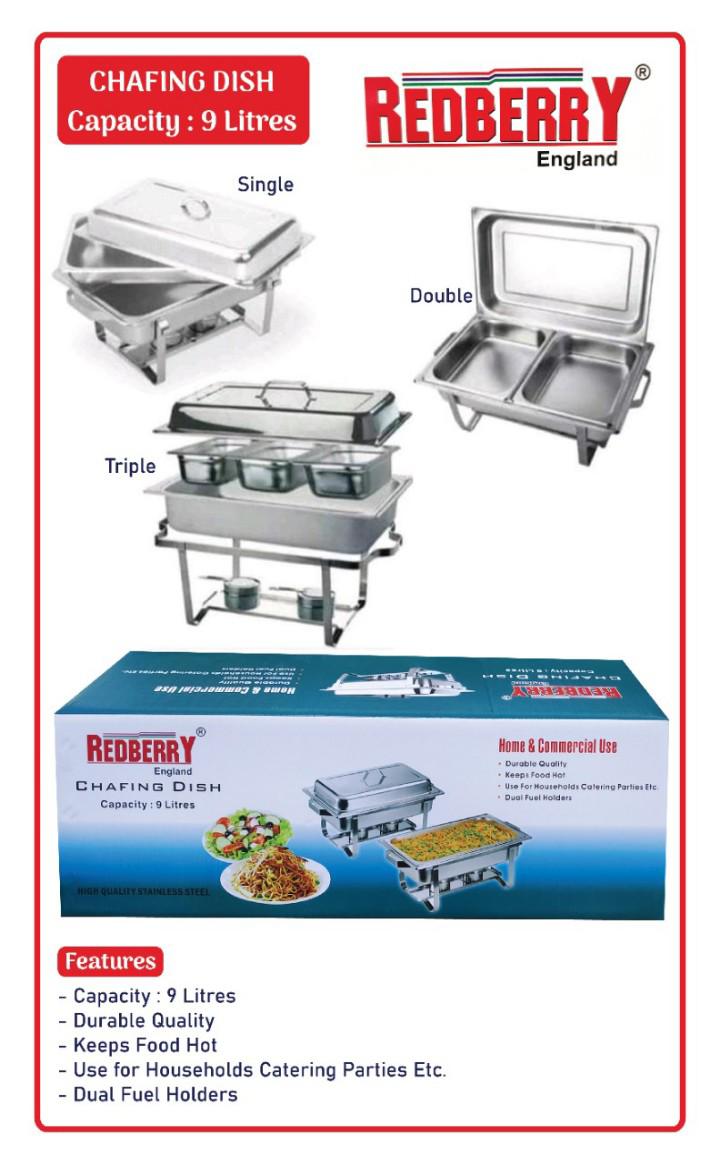 Redberry Chaffing dish 9L Stainless steel Heavy duty Redberry chafing dish for food storage and serving services to keep hot or warm for a longer period of time, single, double or triple partitioned