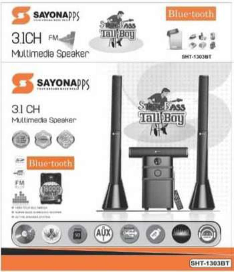 Sayona Tallboy SHT 1303BT 18000W PMPO 3.1 Channel multi media Subwoofer with Bluetooth FM and USB connectivity remote control Sayona Home Theatre 3.1 SHT-1303BT
Bluetooth/usb/card reader/fm/le