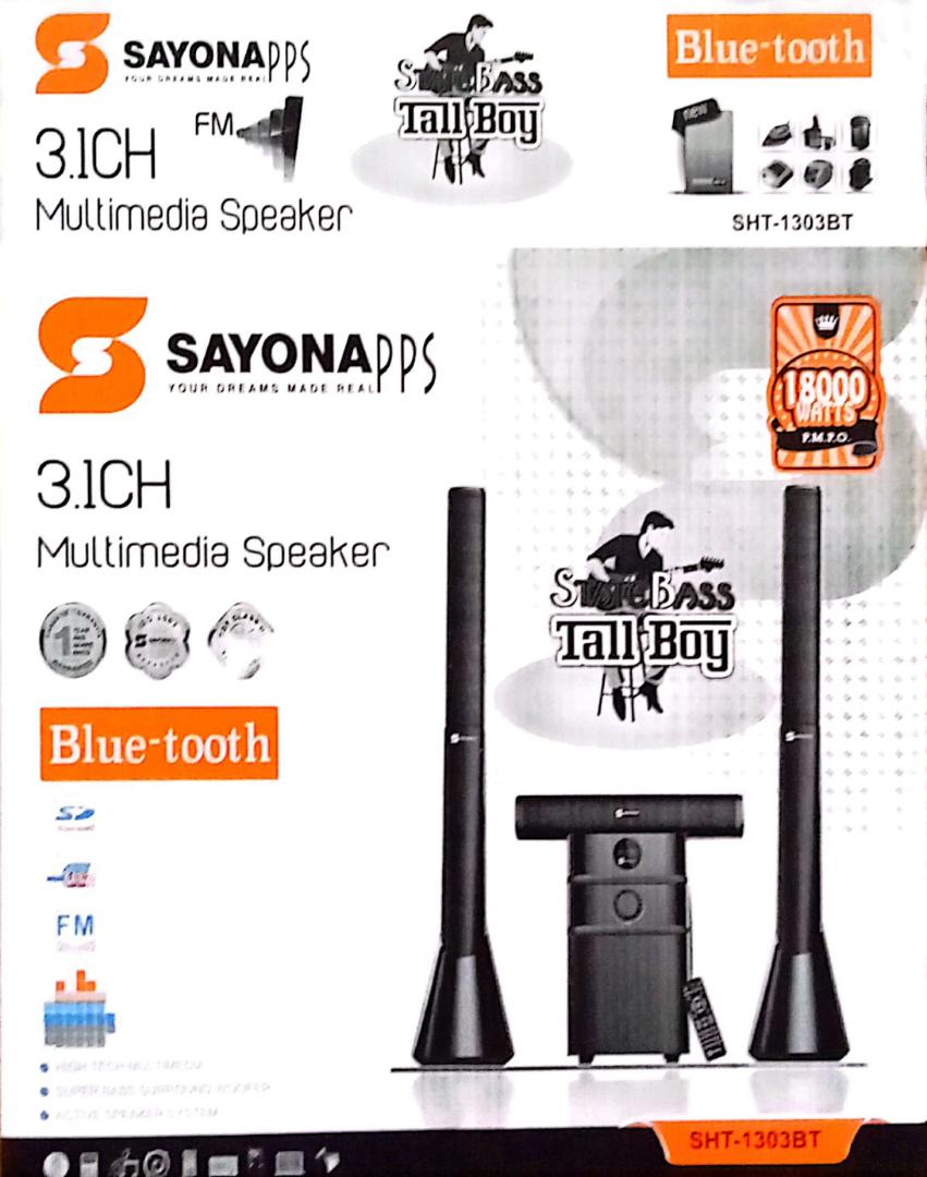 Sayona Tallboy SHT 1303BT 18000W PMPO 3.1 Channel multi media Subwoofer with Bluetooth FM and USB connectivity remote control Sayona Home Theatre 3.1 SHT-1303BT
Bluetooth/usb/card reader/fm/le