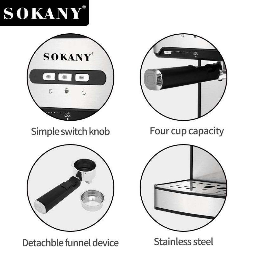 Sokany SK-6863 Espresso Coffee Maker Machine 850W Stainless Steel 1.6L capacity