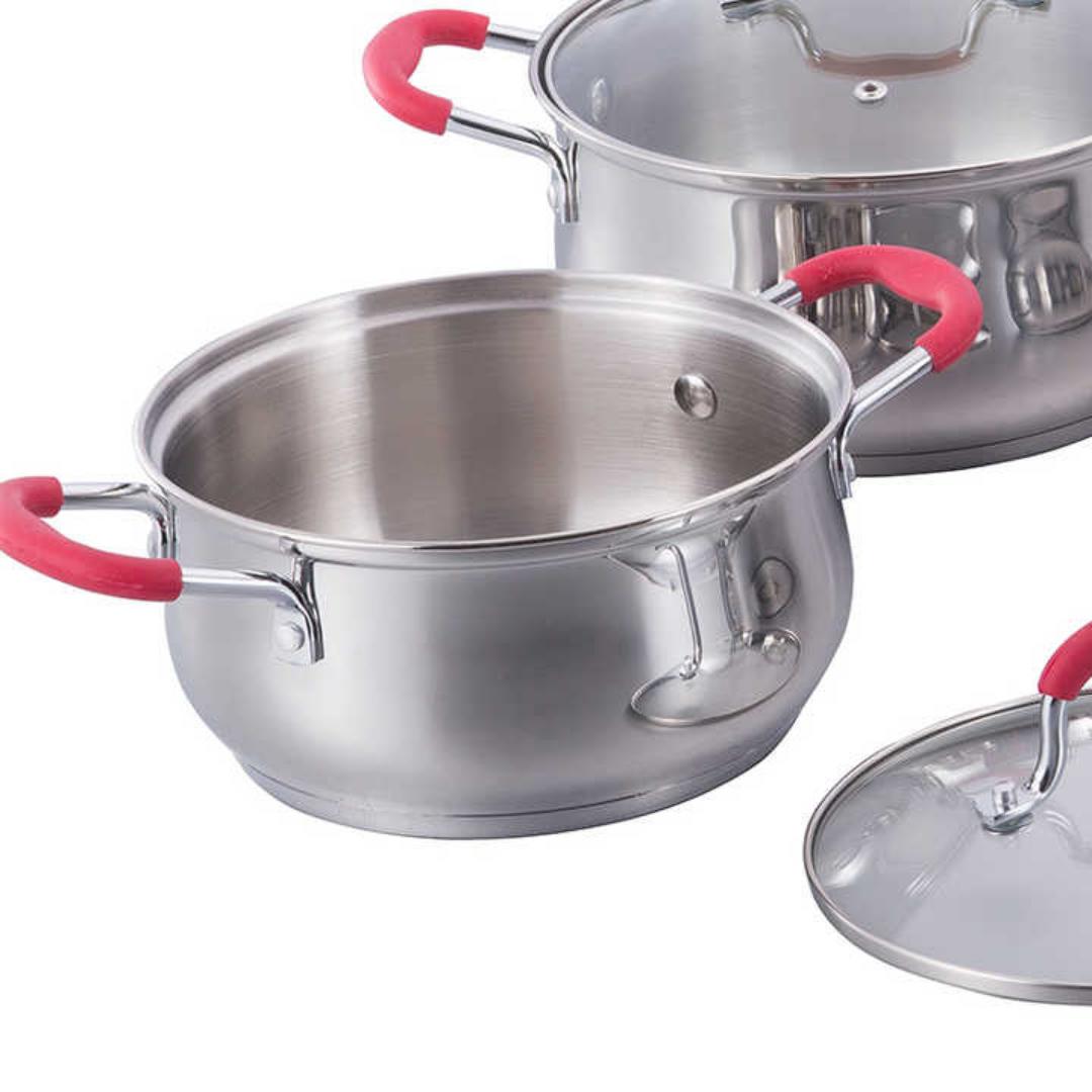 12pcs stainless steel swiss line signature cookware set with glass lids and chrome plate handles covered with red silicone cover sizes 16cm 18cm 20cm 24cm 16cm souce pan and 24cm frying pan