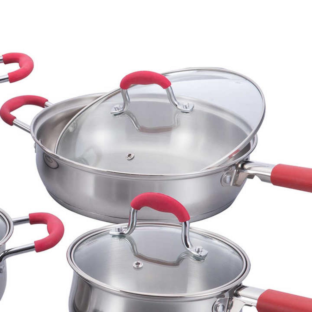 12pcs stainless steel swiss line signature cookware set with glass lids and chrome plate handles covered with red silicone cover sizes 16cm 18cm 20cm 24cm 16cm souce pan and 24cm frying pan