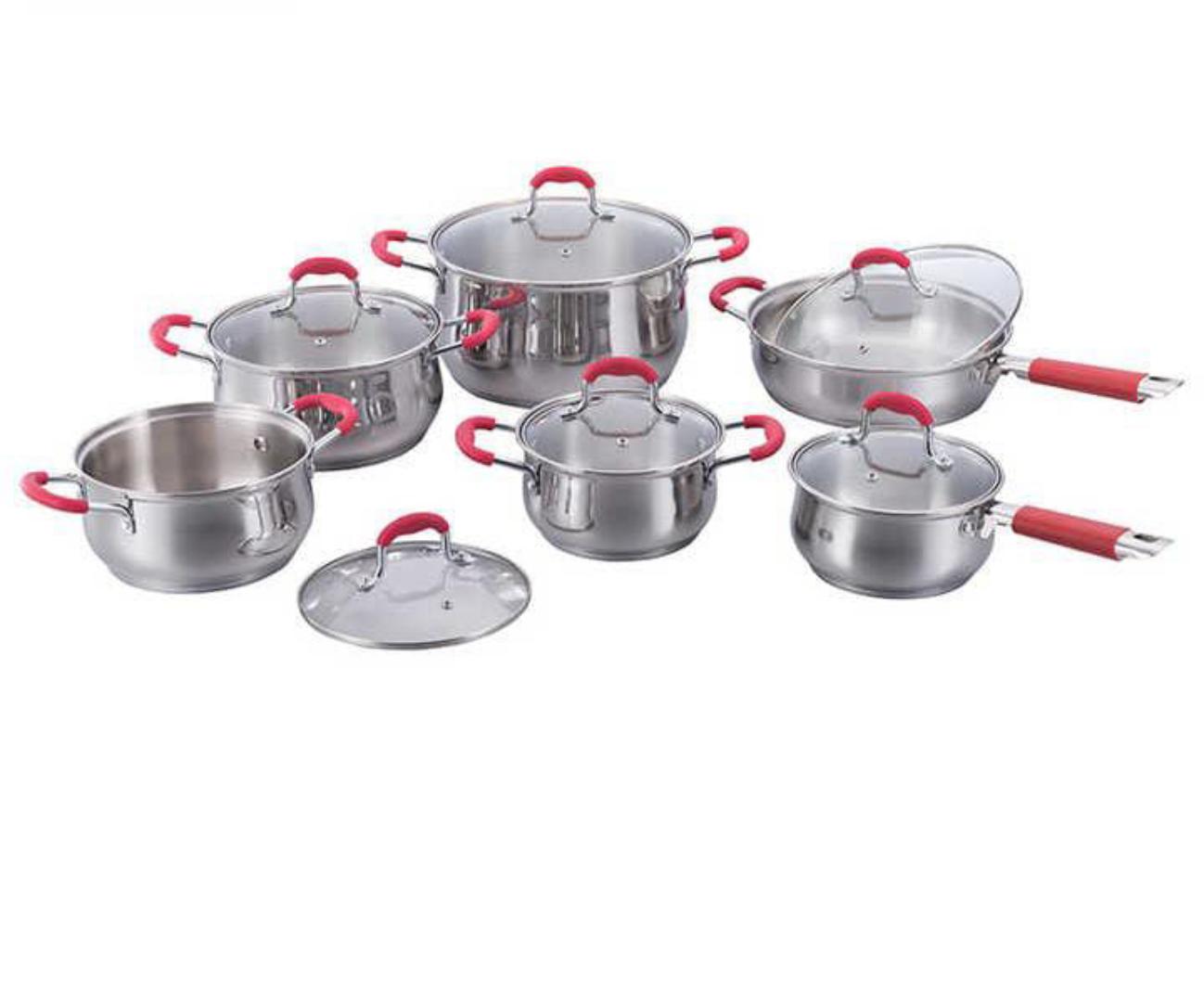 12pcs stainless steel swiss line signature cookware set with glass lids and chrome plate handles covered with red silicone cover sizes 16cm 18cm 20cm 24cm 16cm souce pan and 24cm frying pan