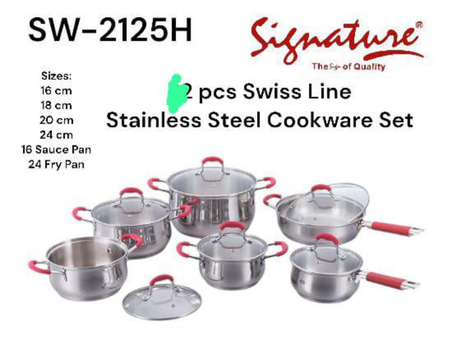 12pcs stainless steel swiss line signature cookware set with glass lids and chrome plate handles covered with red silicone cover sizes 16cm 18cm 20cm 24cm 16cm souce pan and 24cm frying pan