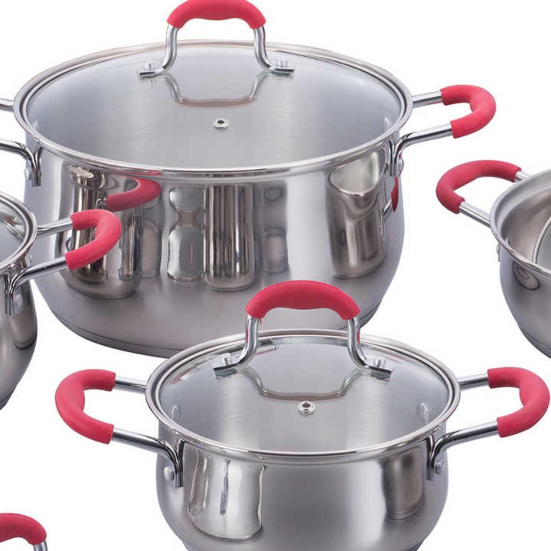 12pcs stainless steel swiss line signature cookware set with glass lids and chrome plate handles covered with red silicone cover sizes 16cm 18cm 20cm 24cm 16cm souce pan and 24cm frying pan