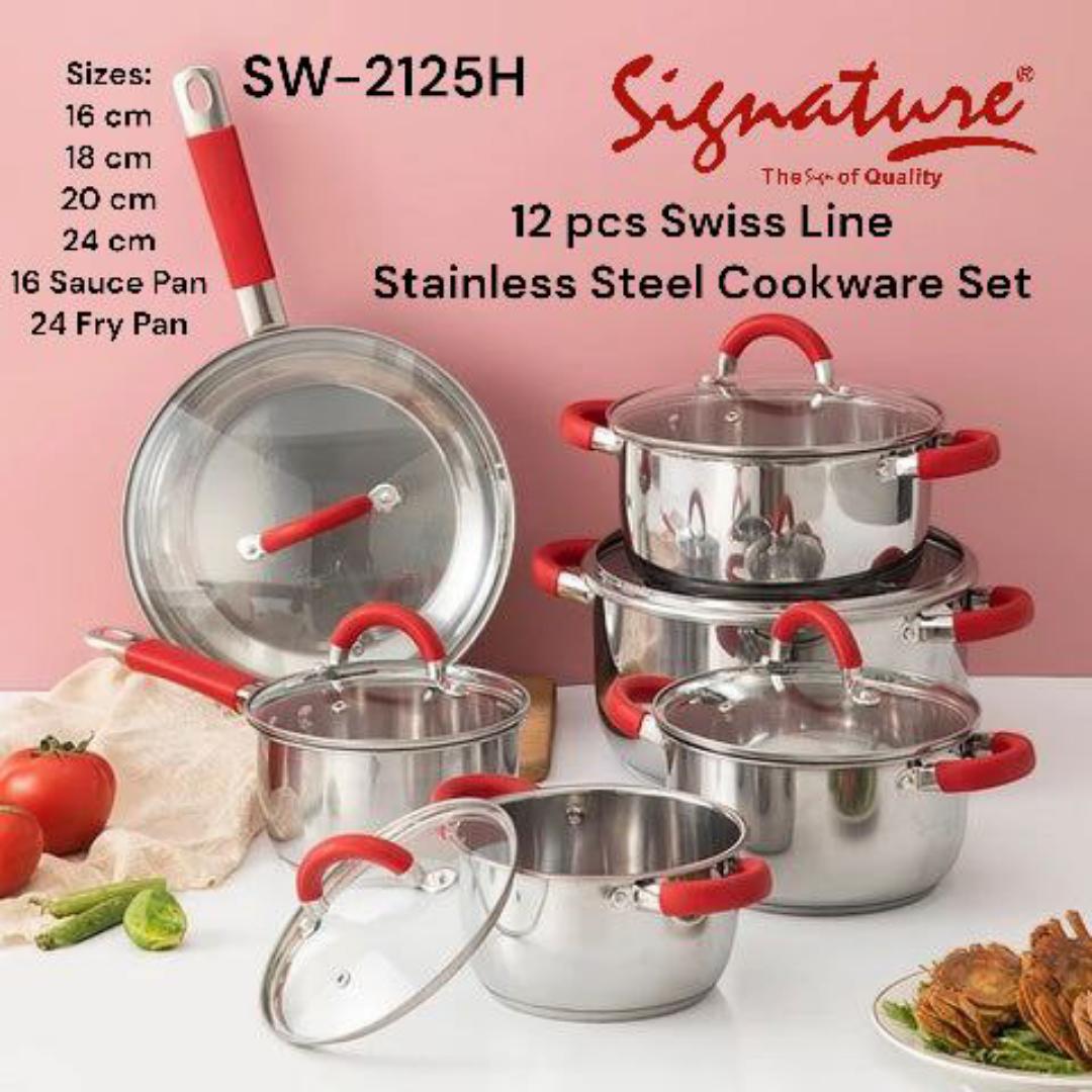12pcs stainless steel swiss line signature cookware set with glass lids and chrome plate handles covered with red silicone cover sizes 16cm 18cm 20cm 24cm 16cm souce pan and 24cm frying pan