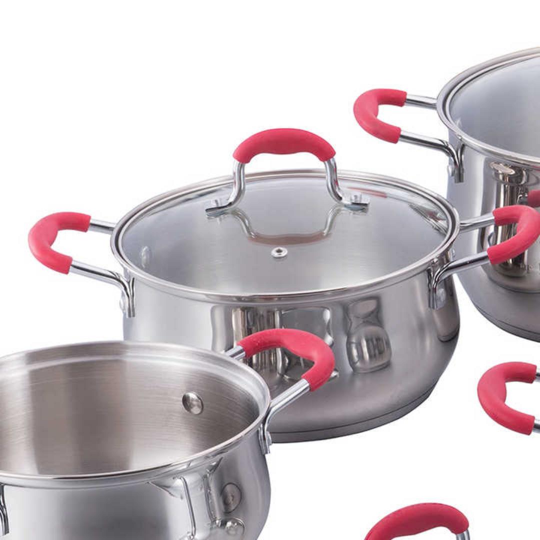12pcs stainless steel swiss line signature cookware set with glass lids and chrome plate handles covered with red silicone cover sizes 16cm 18cm 20cm 24cm 16cm souce pan and 24cm frying pan
