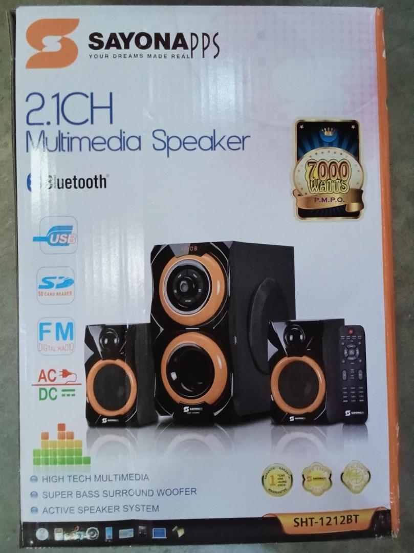 SHT-1212BT 2.1CH Sayona sub woofer speaker system with 7000W P.M.P.O Output with FM radio USB input Bluetooth and remote control