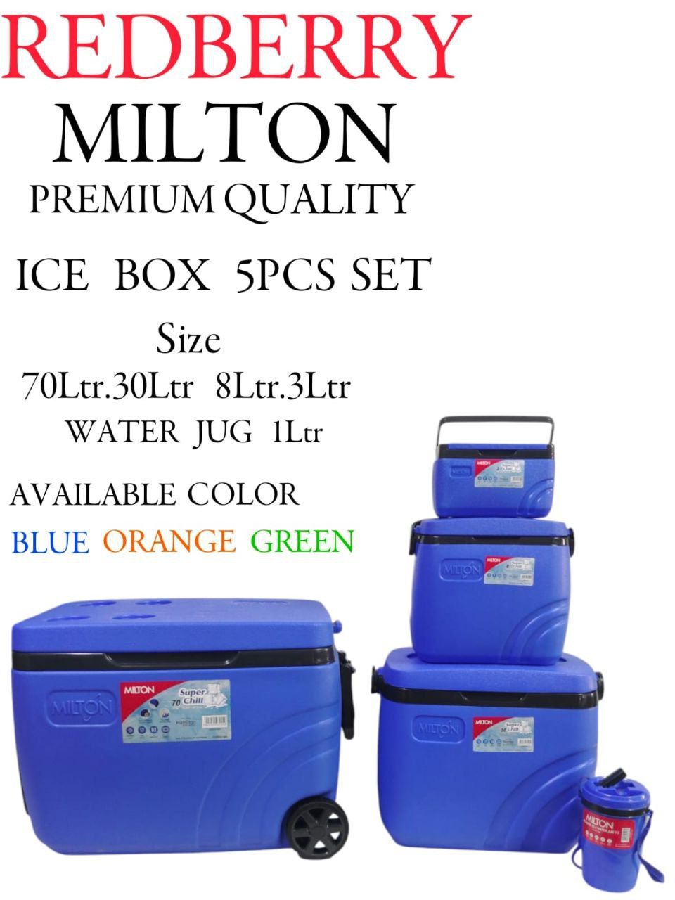 Redberry Milton 112L ice cooler box chiller set of 9pcs premium quality double layer cooler boxes consists 1L water jug, 3L, 8L, 30L and 70L cooler boxes