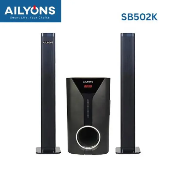 Ailyons Subwoofer SB-502K 2.1CH with AC/DC dual power supply 10000W PMPO and 30W+15Wx2 power output. Supports FM, SD card Bluetooth wireless connection and Remote control