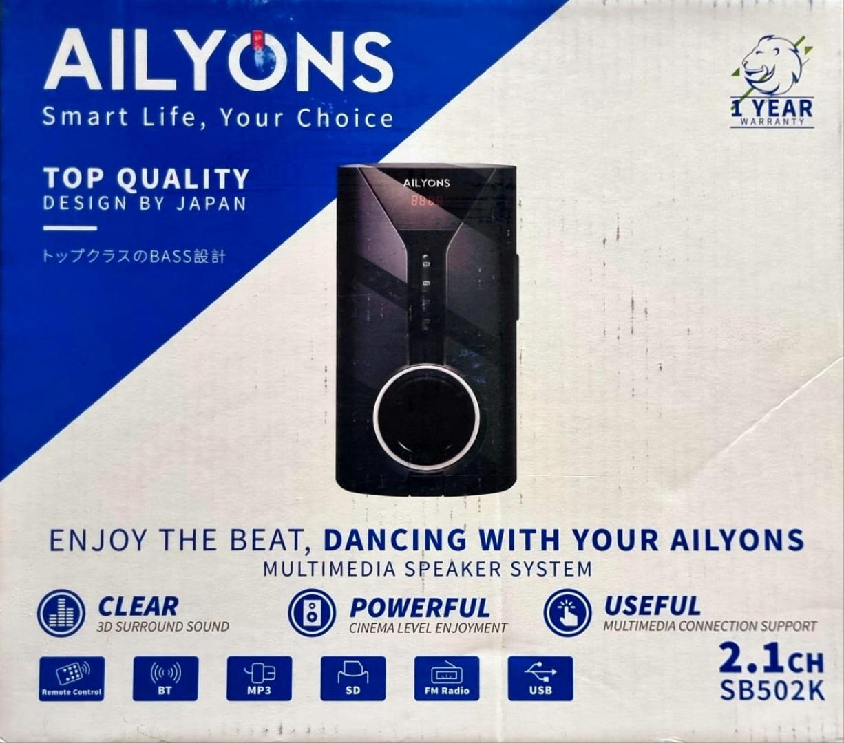 Ailyons Subwoofer SB-502K 2.1CH with AC/DC dual power supply 10000W PMPO and 30W+15Wx2 power output. Supports FM, SD card Bluetooth wireless connection and Remote control