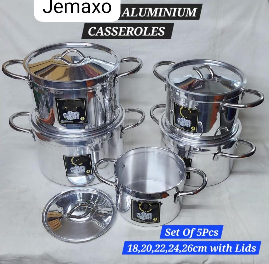 5pcs Jemaxo pots sufuria cookware set with lids. jemaxo heavy duty Aluminium pots set with fitting lids 18cm, 20cm, 22cm, 24cm and 26cm