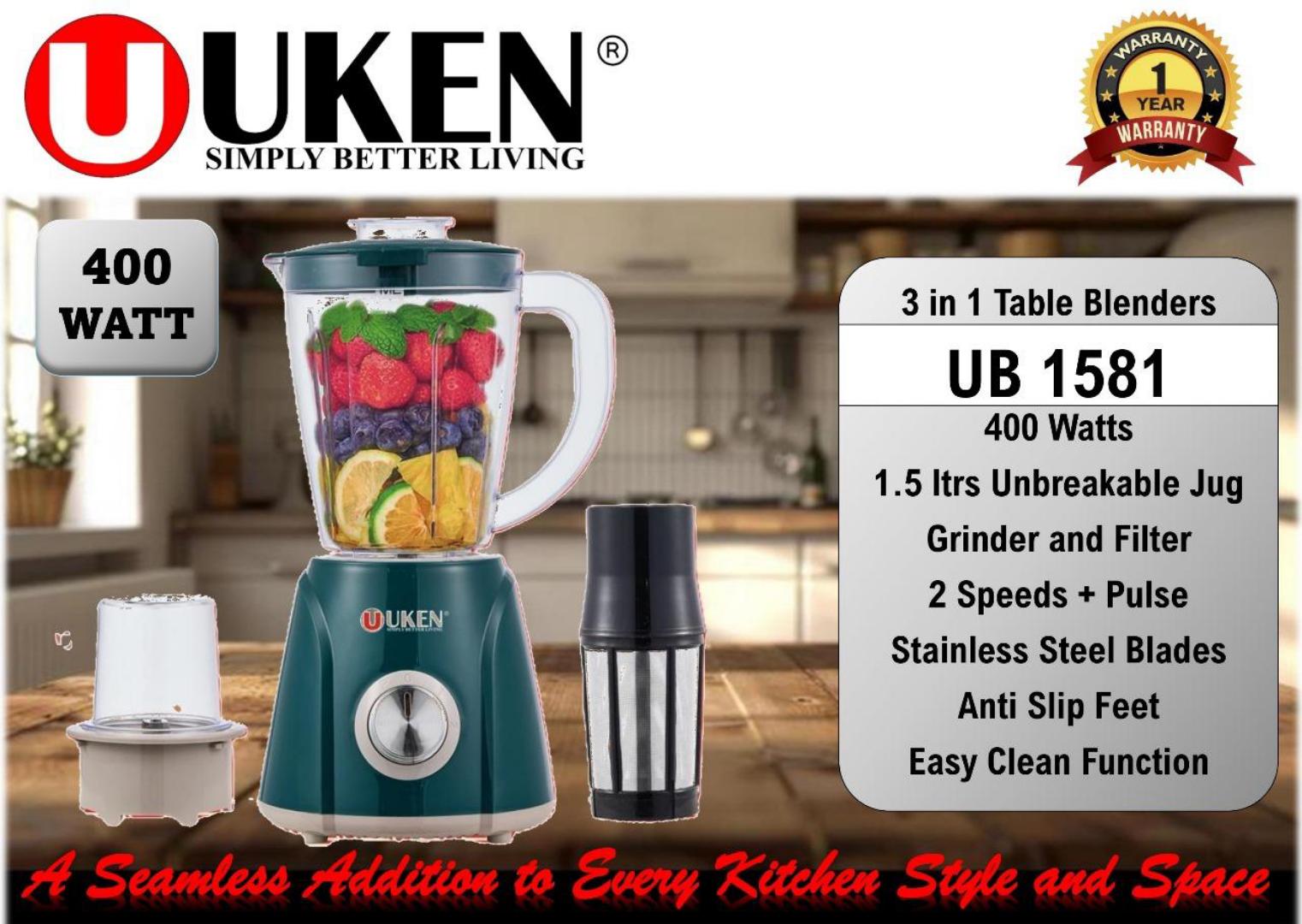 Uken 3 in 1 blender UB-1581 with 1.5L Unbreakable jar grinder and filter. Uken 3 in 1 blender with 400W powerful motor with 2 Speeds and pulse and stainless steel blades