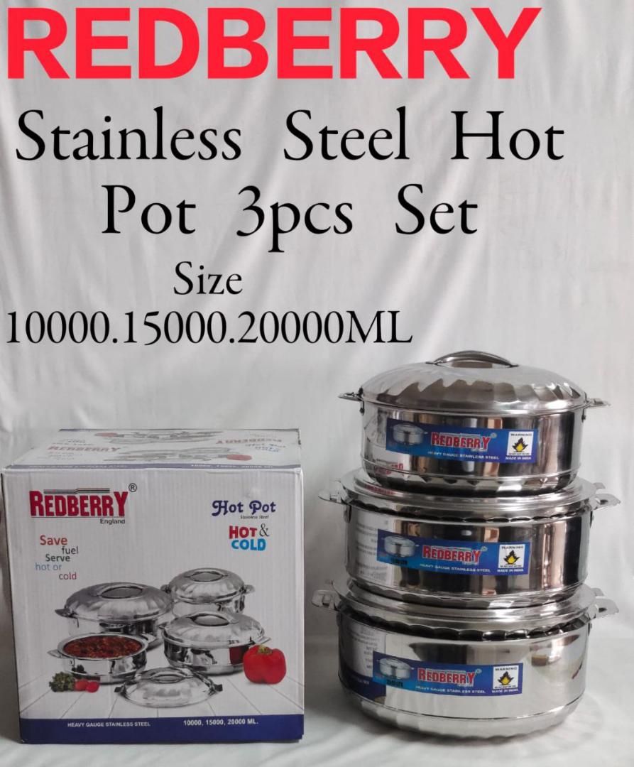 Redberry Stainless steel hotpots 3pcs set with double wall insulation for keeping food hot and fresh for long  set consists of 10000ml,15000ml and 20000ml capacities Redberry Maximus jumbo hotpots