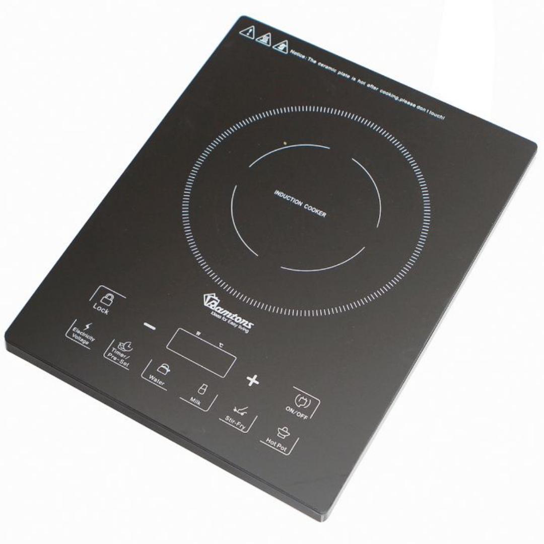 RM/381 Ramtons single induction cooker with free 24cm Non-Stick pan inside. 2000W ramtons induction cooker with ceramic glass top and touch control