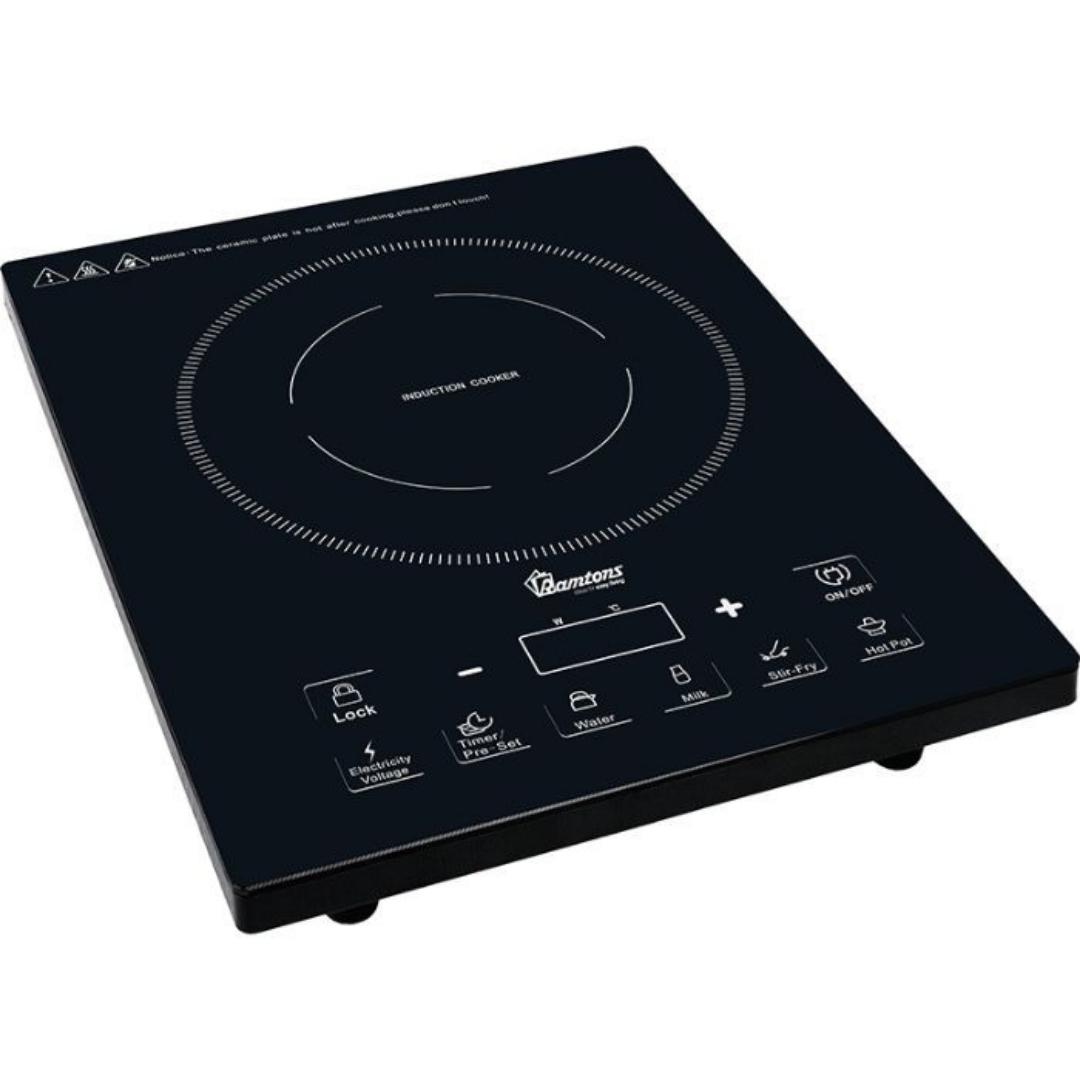 RM/381 Ramtons single induction cooker with free 24cm Non-Stick pan inside. 2000W ramtons induction cooker with ceramic glass top and touch control