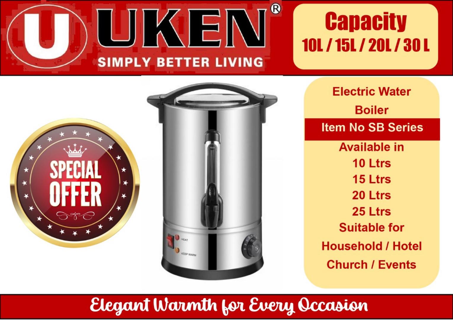 Uken Electric tea urn / Electric water boiler / Electric Kettle with stainless steel body and auto warm function suitable for large population serving