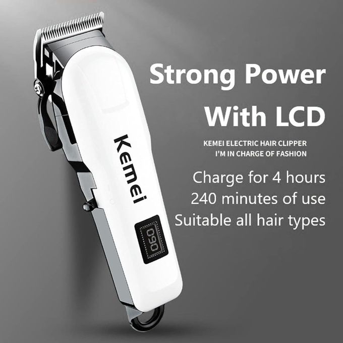 Kemei rechargeable cordless shaver with led display and 4hrs continous shaving time battery power . Kemei cordless hair clipper shaving machine