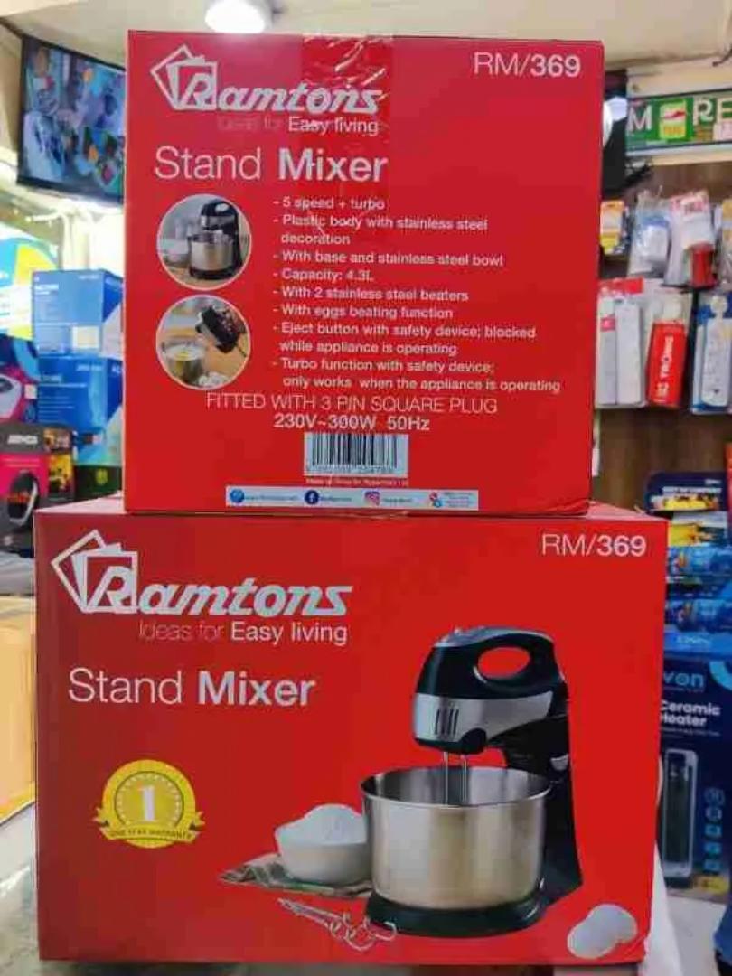 Ramtons stand mixer with 4.3L stainless steel bowl RM-369 Ramtons hand mixer with 5 Speeds settings and turbo and 2 pcs stainless steel dough beater 300W