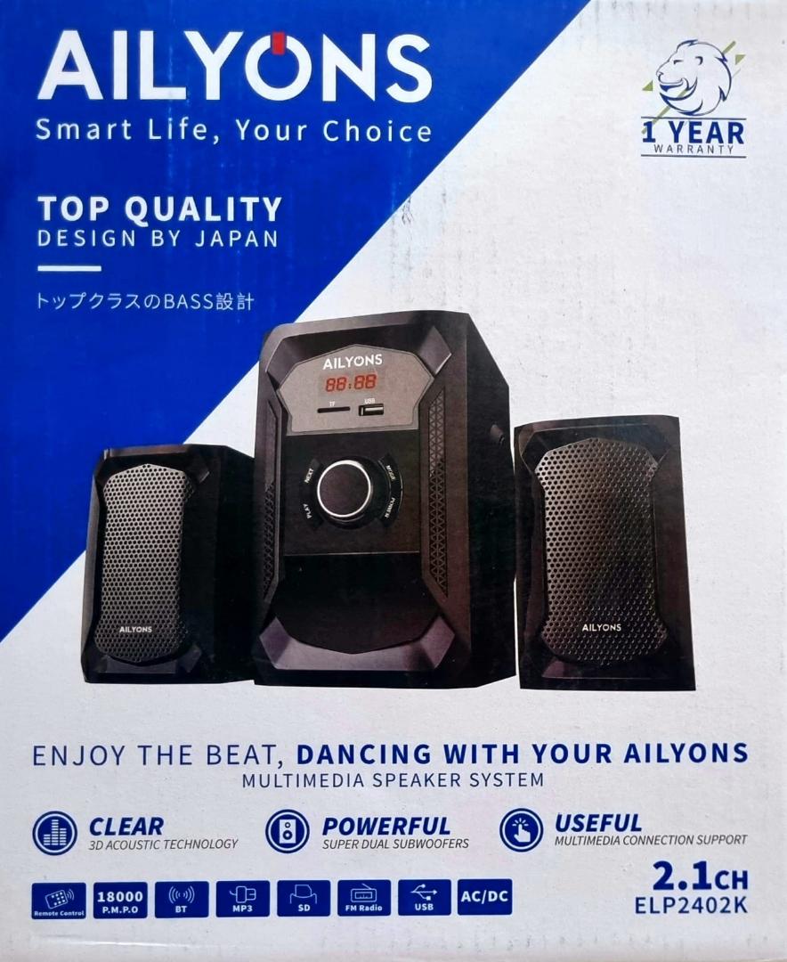 AILYONS 2.1CH ELP2402K Multimedia Speaker System
with 18000W PMPO and 40W power output. 
Ailyons Subwoofer 2.1CH with AC / DC dual power input, Bluetooth and remote control