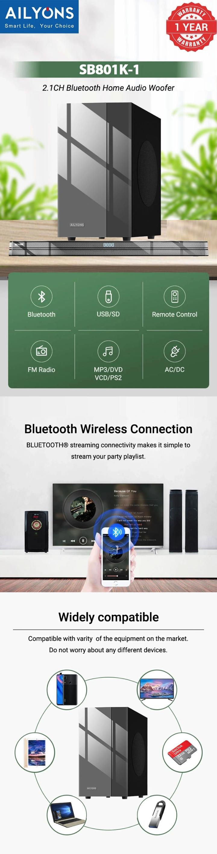 AILYONS SB801K 2.1CH Sound Bar SubWoofer with Bluetooth Home Theatrer with 80W+20WX2 power output FM Radio and remote control - Grey, (1YR WRTY)