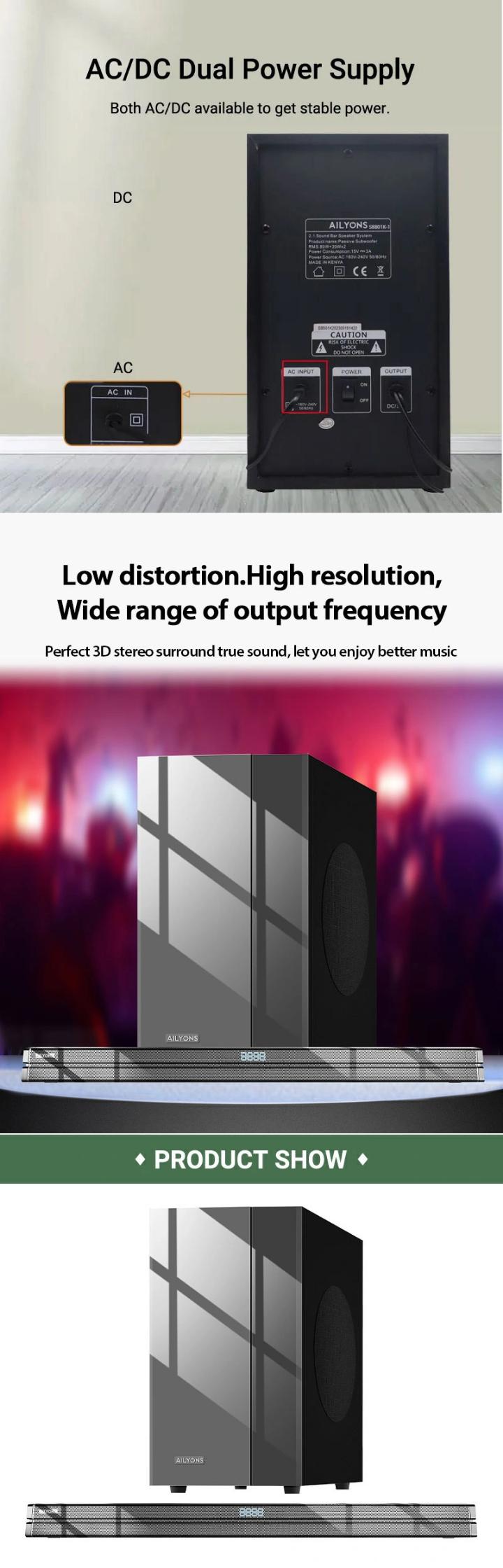 AILYONS SB801K 2.1CH Sound Bar SubWoofer with Bluetooth Home Theatrer with 80W+20WX2 power output FM Radio and remote control - Grey, (1YR WRTY)