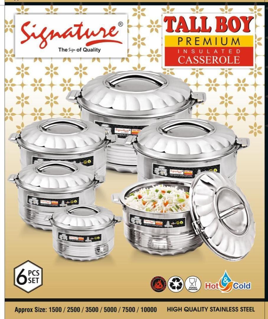 Signature 6pcs Stainless steel Tallboy premium insulated hotpots set casserole with capacity 1500ml, 2500ml, 3500ml, 5000ml, 7500ml and 10000ml. 6pcs tall boy Signature hotpots set