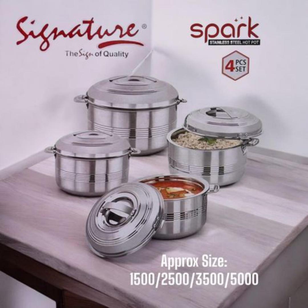 Signature Spark hotpots 4pcs stainless steel set for and cold food storage with capacity of 1500ml, 2500ml, 3500ml and 5000ml. 4pcs Signature spark hotpots