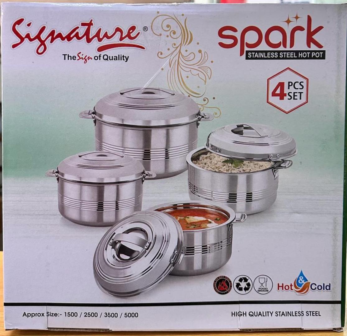 Signature Spark hotpots 4pcs stainless steel set for and cold food storage with capacity of 1500ml, 2500ml, 3500ml and 5000ml. 4pcs Signature spark hotpots