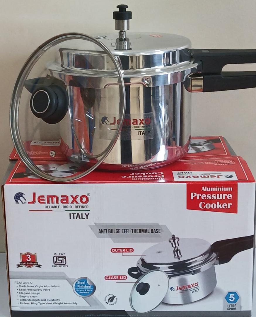 Jemaxo aluminum pressure cooker 5L with free glass lid and outer lid made from virgin Aluminium