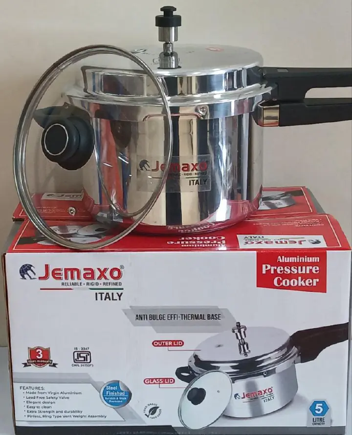 Jemaxo aluminum pressure cooker 5L with free glass lid and outer lid made from virgin Aluminium