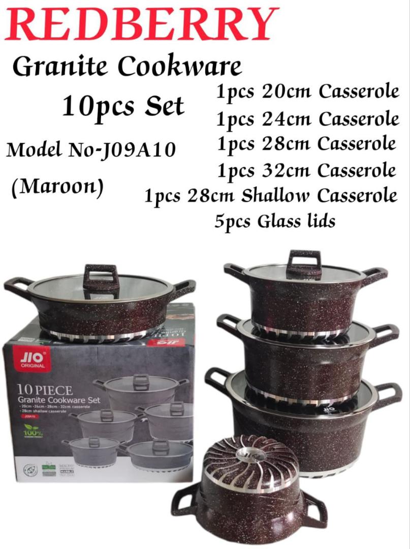 Redberry Jio Cookware Set 10 Pieces Granite Coating Non Stick Modern Cooking Pots Can Be Used As Serving Pot Or Serveware Dish Set ( 5Pots And 5 Glass Lids
)