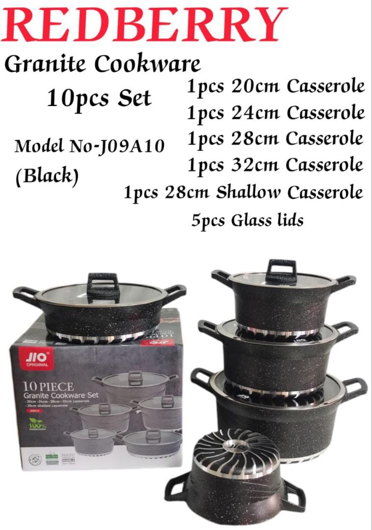 Redberry Jio Cookware Set 10 Pieces Granite Coating Non Stick Modern Cooking Pots Can Be Used As Serving Pot Or Serveware Dish Set ( 5Pots And 5 Glass Lids
)
