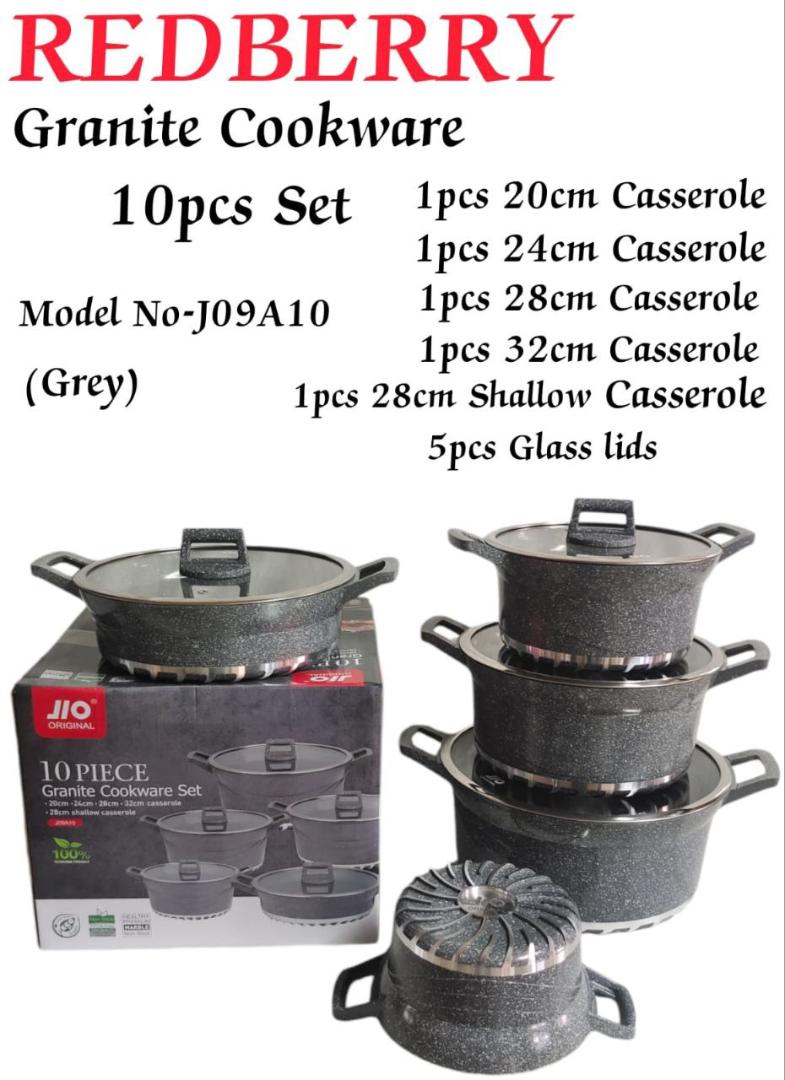 Redberry Jio Cookware Set 10 Pieces Granite Coating Non Stick Modern Cooking Pots Can Be Used As Serving Pot Or Serveware Dish Set ( 5Pots And 5 Glass Lids
)