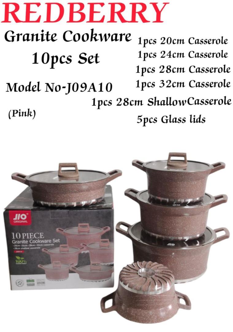 Redberry Jio Cookware Set 10 Pieces Granite Coating Non Stick Modern Cooking Pots Can Be Used As Serving Pot Or Serveware Dish Set ( 5Pots And 5 Glass Lids
)